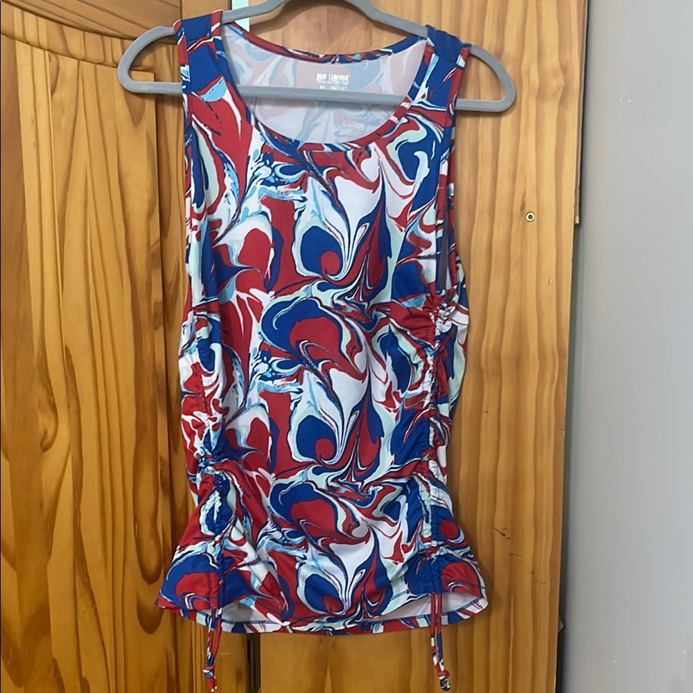 REEL LEGENDS TANK TOP RED WHITE BLUE WOMENS M STRETCH ROUGHED SIDES TIE SWIM TOP